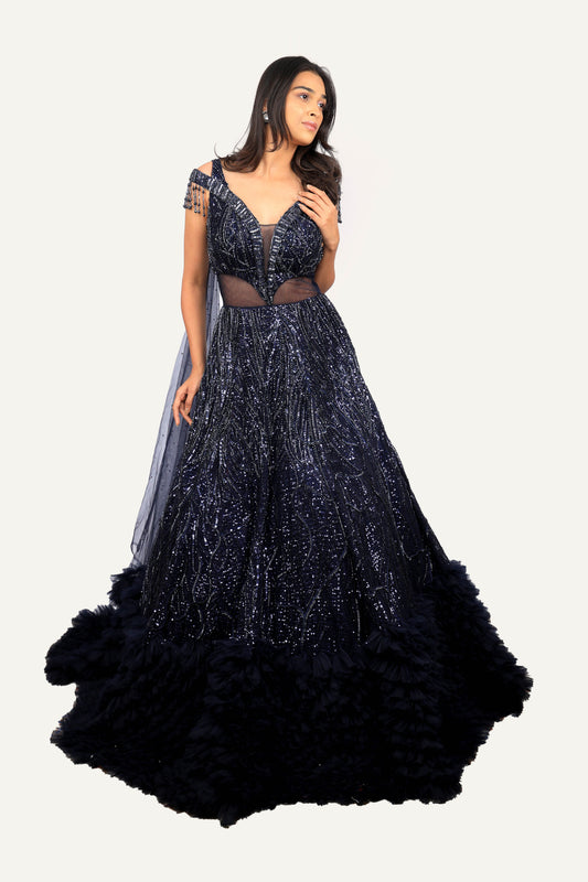 Navy Blue Totally Hand Work Net Fabric Designer Gown