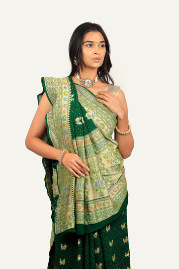Green Pure Georgette Bandhani Saree with Paithani Border