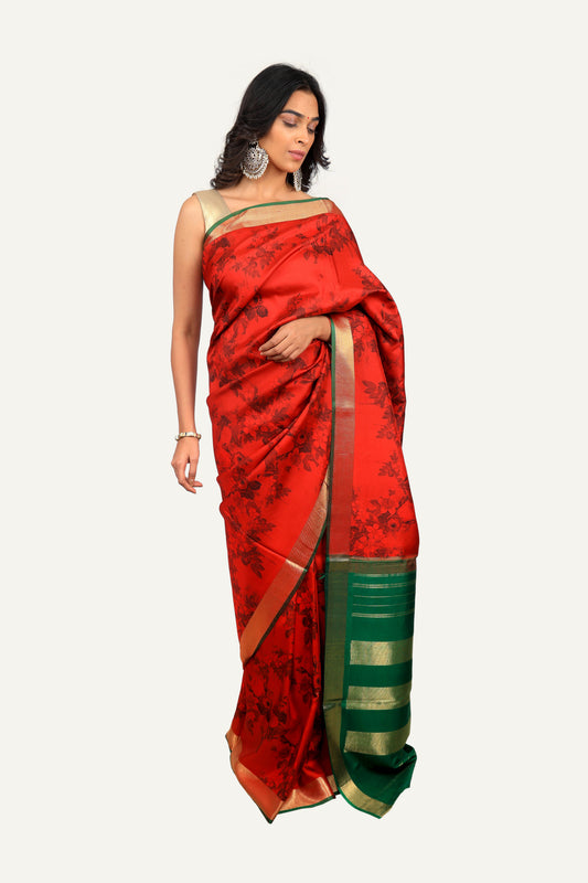 Red Soft Silk Hand Printed Saree