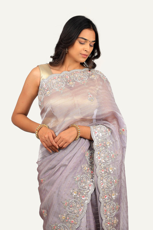 Laylac Colour Shimmer Tissue Handwork Border & Butti Saree