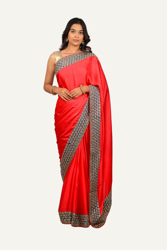 Cherry Pink Satin Silk Hand Work Border Saree