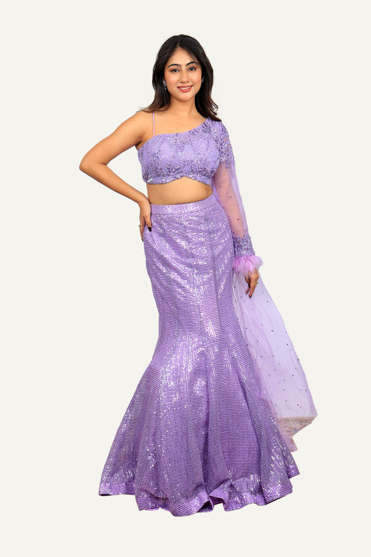 One-Shoulder Hand Work Blouse with Drape-Style Dupatta & Mermaid Sequence Skirt