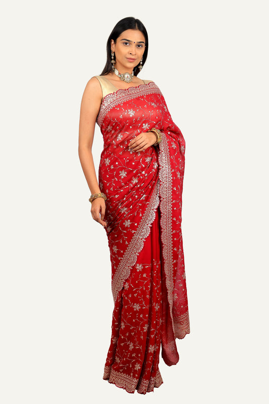 Maroon Georgette With All Over Jal & Pitta Work Saree