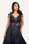 Navy Blue Totally Hand Work Net Fabric Designer Gown