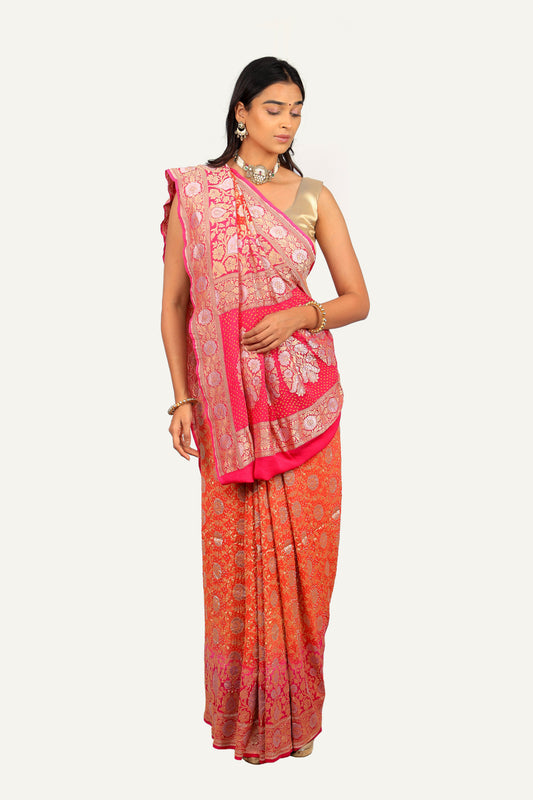 Banarasi Georgette Silver Gold Zari with Bandhni Saree