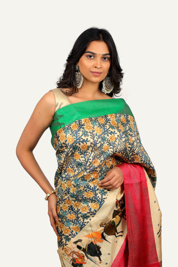 Cream Pure Soft Silk Hand Printed Saree