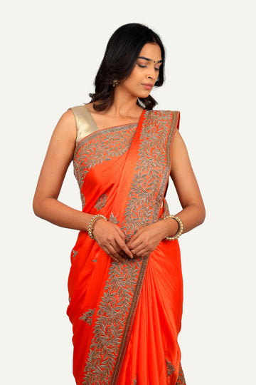 Orange Pure Samo Satin Hand Work Saree