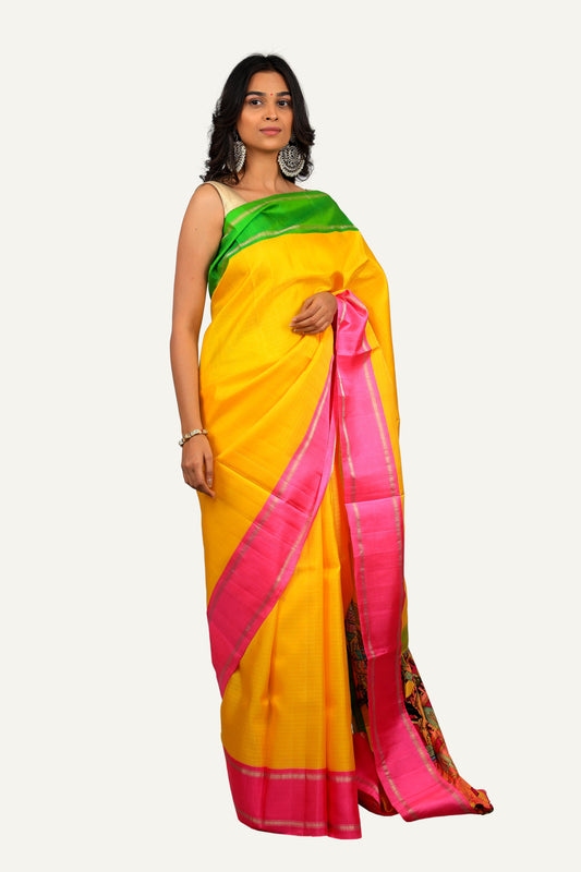 Yellow Pure Silk Saree with Hand Printed Pallu