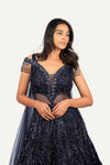 Navy Blue Totally Hand Work Net Fabric Designer Gown