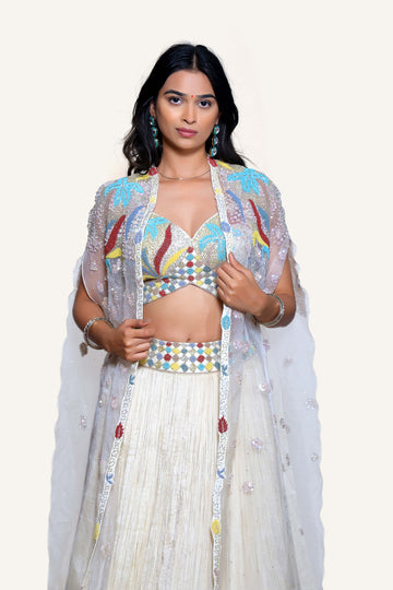 Off White with Multicolor Perl Handwork Women Indowestern