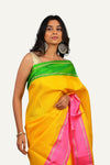 Yellow Pure Silk Saree with Hand Printed Pallu