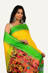 Yellow Pure Silk Saree with Hand Printed Pallu