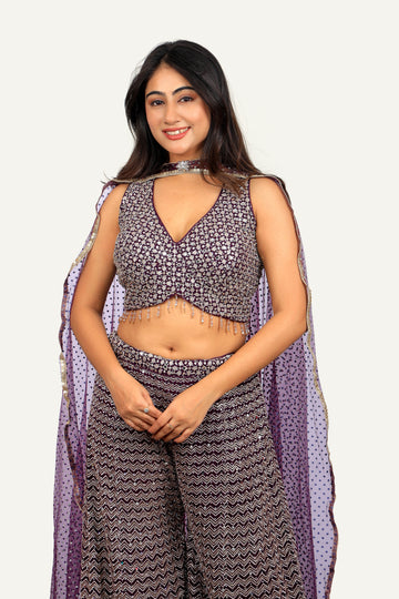Mirror & Diamond Work Georgette Blouse with Flared Palzo & Choker Dupatta