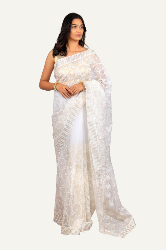 White Organza With Aari & Zari Work Saree