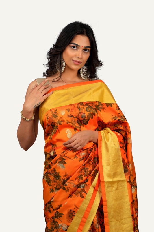 Orange Silk Hand Printed Saree