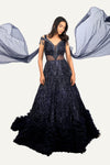 Navy Blue Totally Hand Work Net Fabric Designer Gown