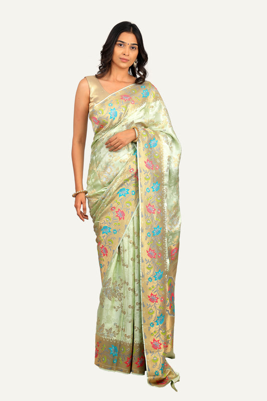 Pista Green Banarasi Crepe With Silver With Gold Zari Saree