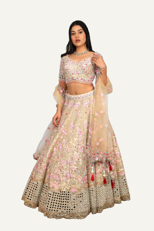 Cream Net Resham & Mirror Work Lehenga Choli
