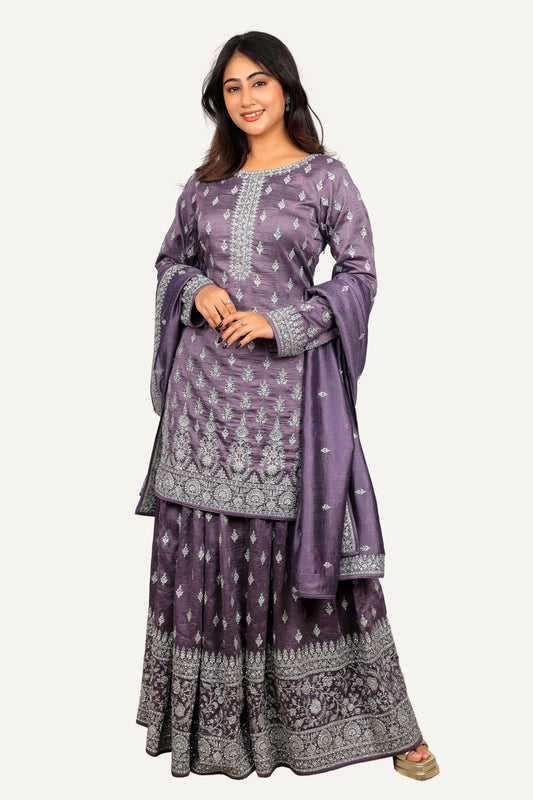Diamond Work Silk Top with Flared Palzo & Matching Dupatta