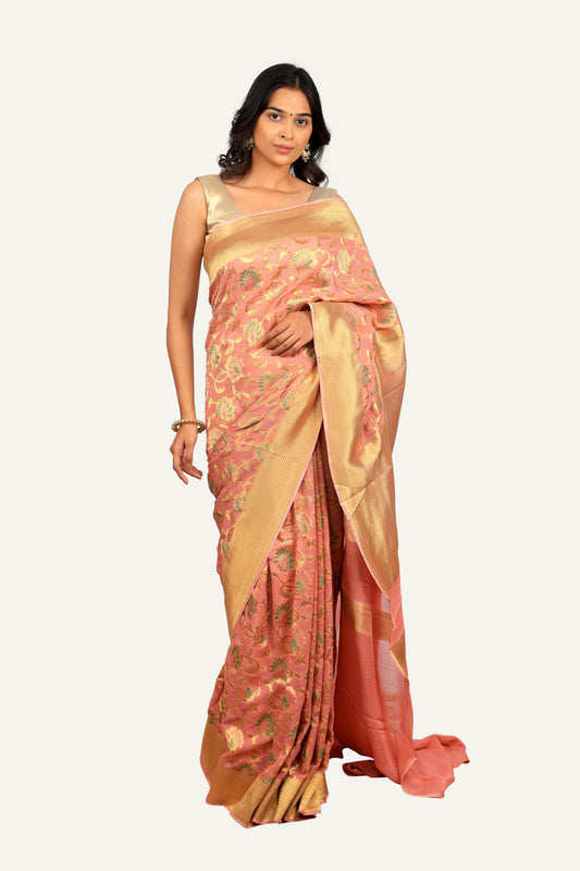 Peach Khadi Georgette Jal Work & Golden Zari Saree
