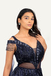 Navy Blue Totally Hand Work Net Fabric Designer Gown