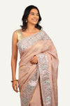 Light Peach Tissue Organza Thread Work & Pitta Work Border Saree