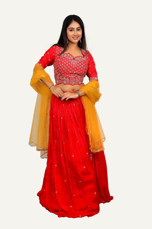 Pink Italian Crepe Silk Lehenga Choli With Hand Work Blouse & All-Over Butti In Skirt