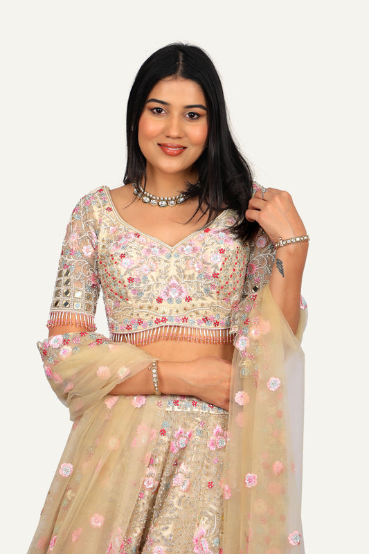 Cream Net Resham & Mirror Work Lehenga Choli