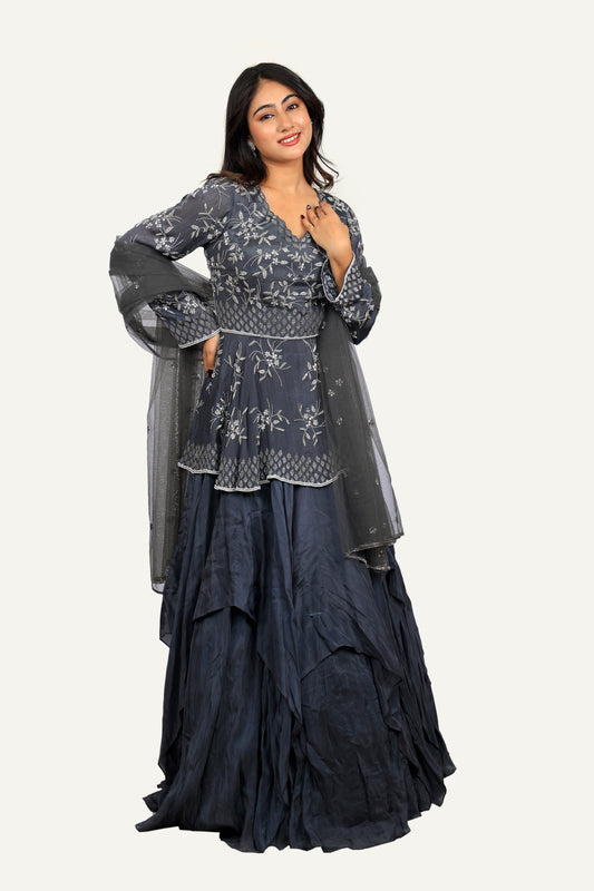 Peplum Handwork Top with Crepe Silk Skirt & Dupatta