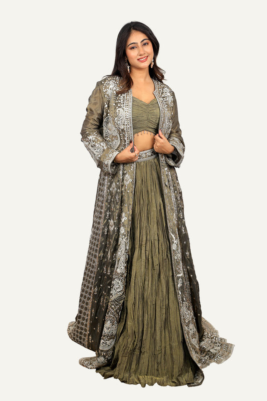 Tissue Shimmer Silk Long Jacket with Crush Blouse & Flared Skirt