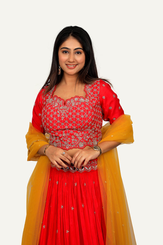 Pink Italian Crepe Silk Lehenga Choli With Hand Work Blouse & All-Over Butti In Skirt