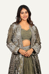 Tissue Shimmer Silk Long Jacket with Crush Blouse & Flared Skirt