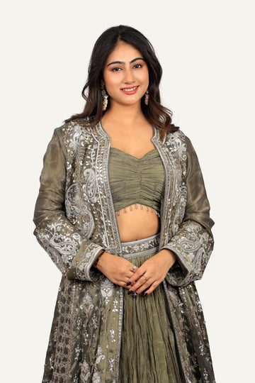 Tissue Shimmer Silk Long Jacket with Crush Blouse & Flared Skirt