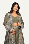Tissue Shimmer Silk Long Jacket with Crush Blouse & Flared Skirt