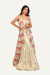 Stylish Zari & Embroidery Long Jacket with Silk Blouse & Fish-Cut Skirt