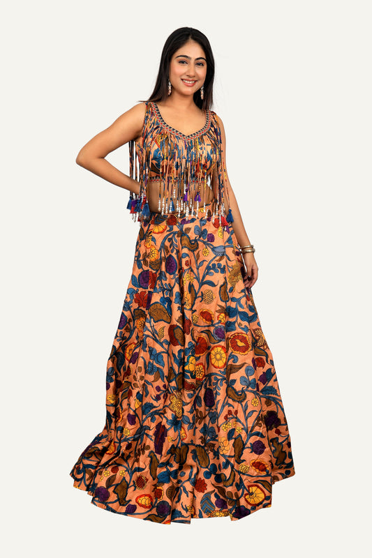 Peach Colour Floral Designer Western Lengha Choli