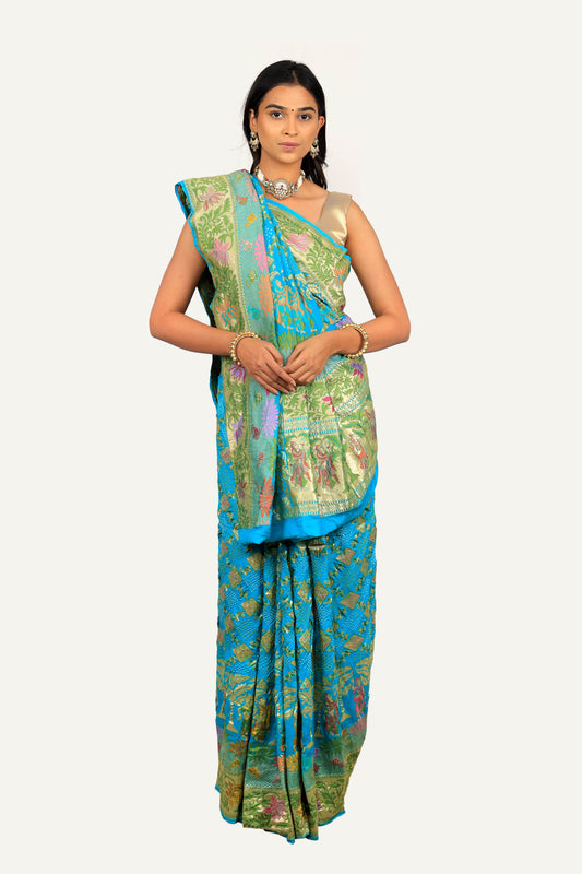Firozi Blue Pure Georgette Baluchari Bandhej Saree