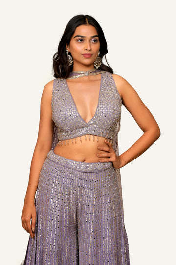 Purple Georgette Swarovski Ombre Shade Plazo With Crop Top