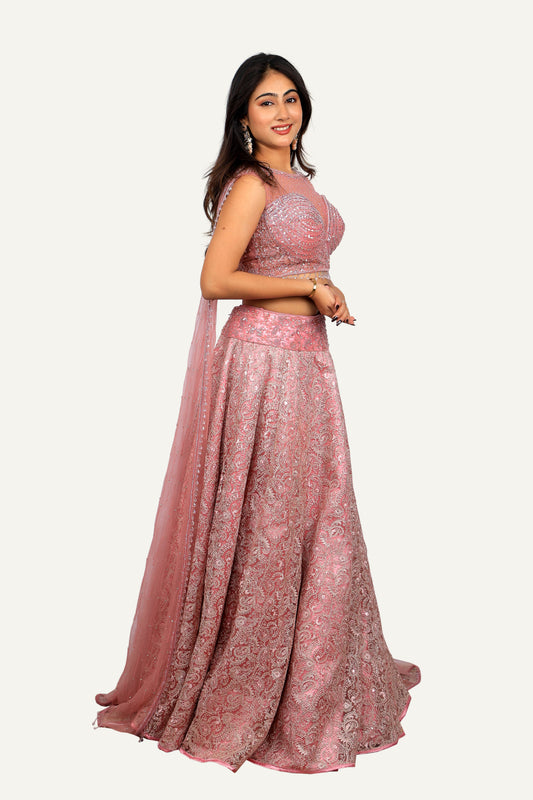 Stylish Net Handwork Blouse with Attached Dupatta & Embroidery Flared Skirt