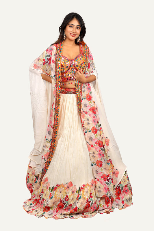 Hand & Mirror Work Spaghetti Silk Flared Skirt