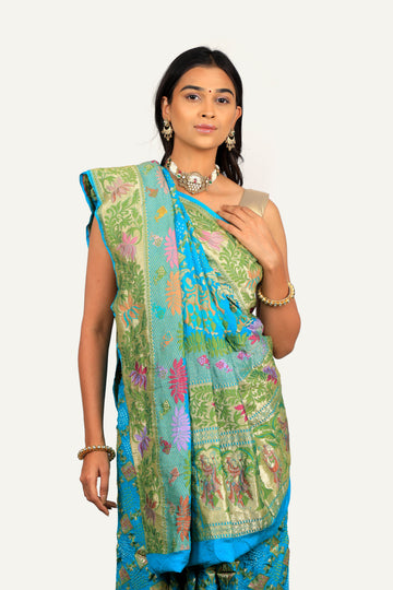 Firozi Blue Pure Georgette Baluchari Bandhej Saree