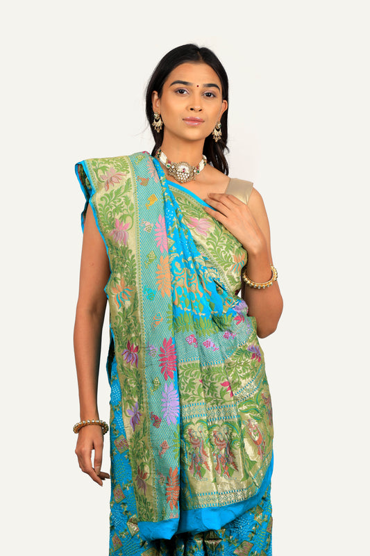Firozi Blue Pure Georgette Baluchari Bandhej Saree