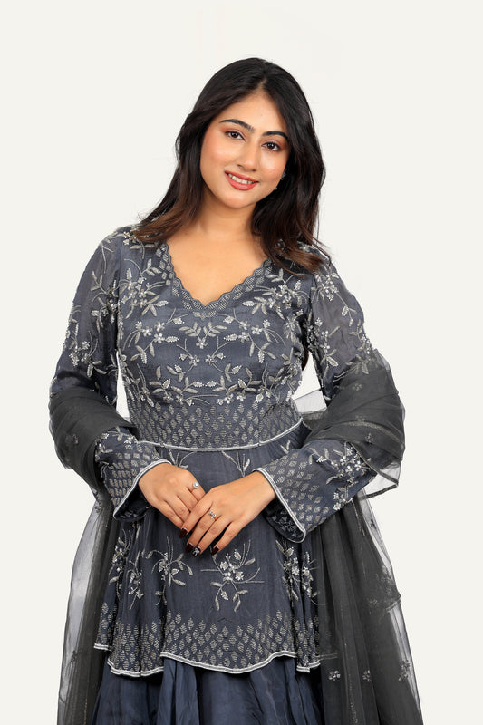 Peplum Handwork Top with Crepe Silk Skirt & Dupatta