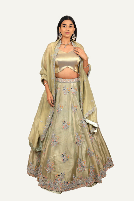 Pista Crush Tissue Resham & Zardosi Work Lehenga Choli
