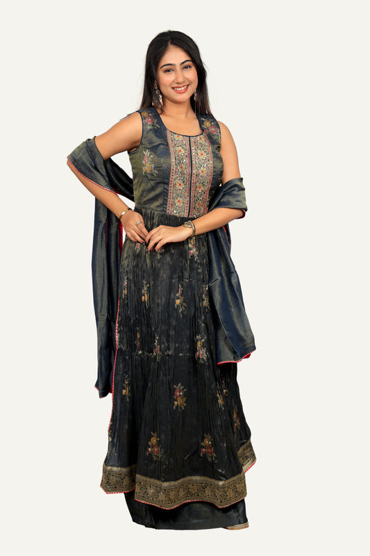 Green And Wine Colour Tissue Shimmer Silk Top And Plazo