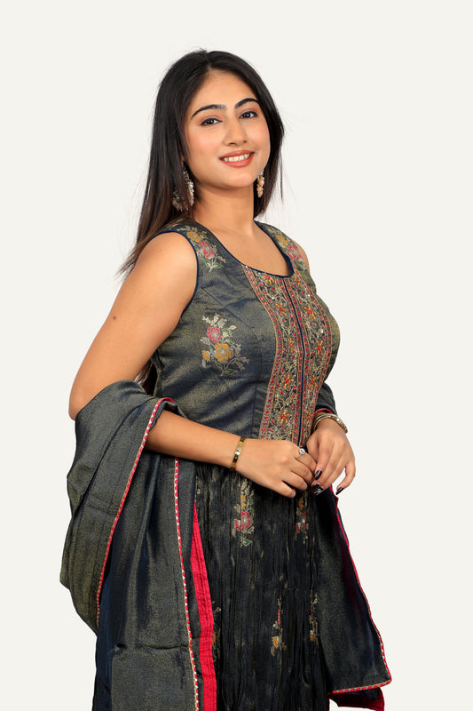 Green And Wine Colour Tissue Shimmer Silk Top And Plazo