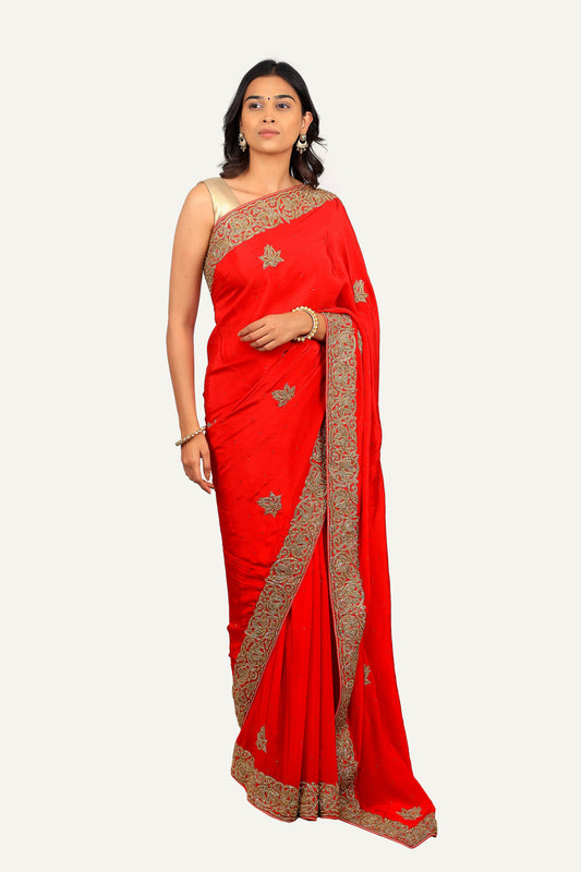 Red Italian Crepe Heavy Border & Butti Saree