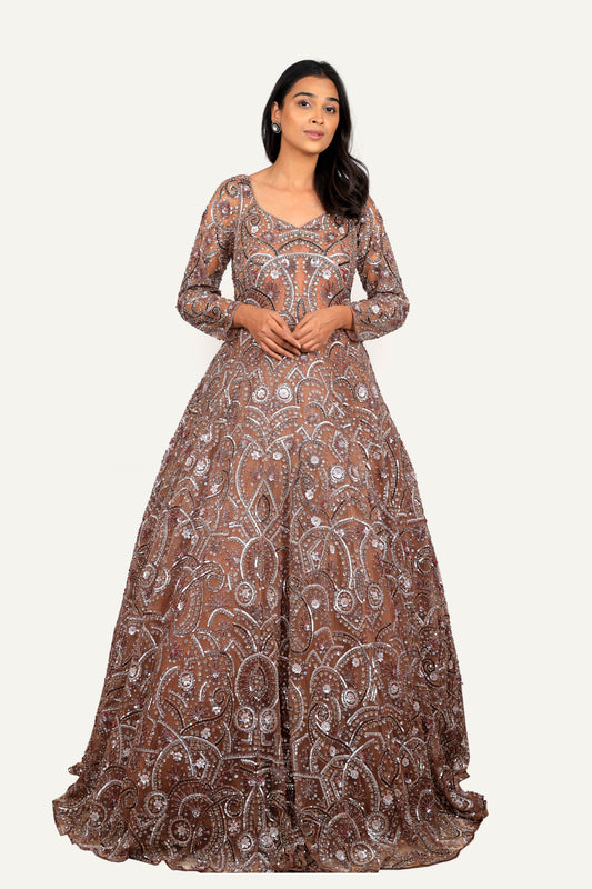 Handwork On Net And Full Sleeves Gown Light Brown