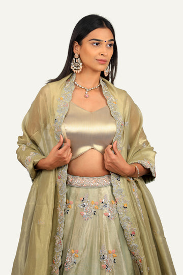 Pista Crush Tissue Resham & Zardosi Work Lehenga Choli