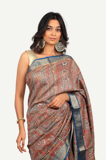Gray Kalamkari Print Saree